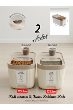 Dem Home 2 Adet 12 Litre Kedi Maması & Kedi Kumu Saklama Kabı 12 Litre Saklama Kabı Tekerlekli mama kabı