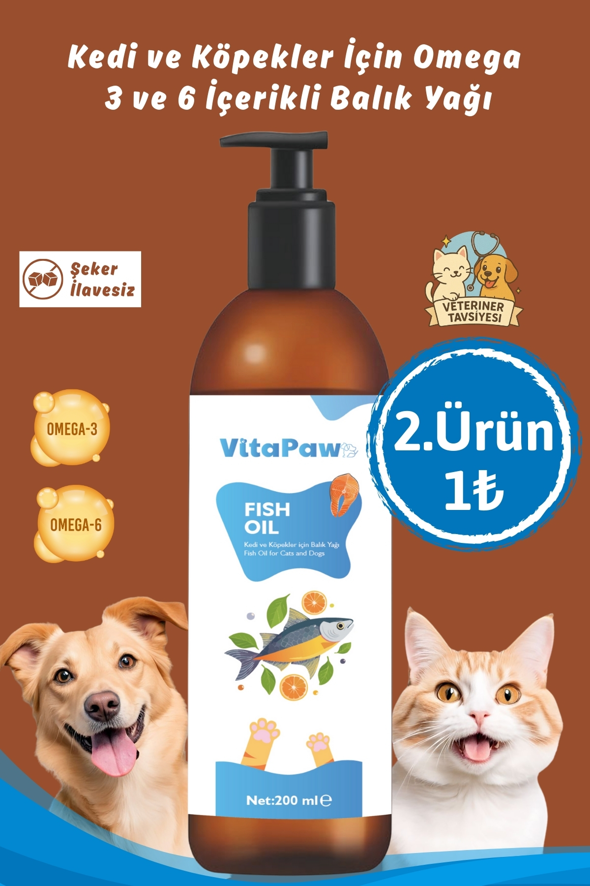 VitaPaw Kedi ve Köpekler İçin Omega 3 ve 6 İçerikli Balık Yağı – Tüy ve Genel Sağlık Destekleyici