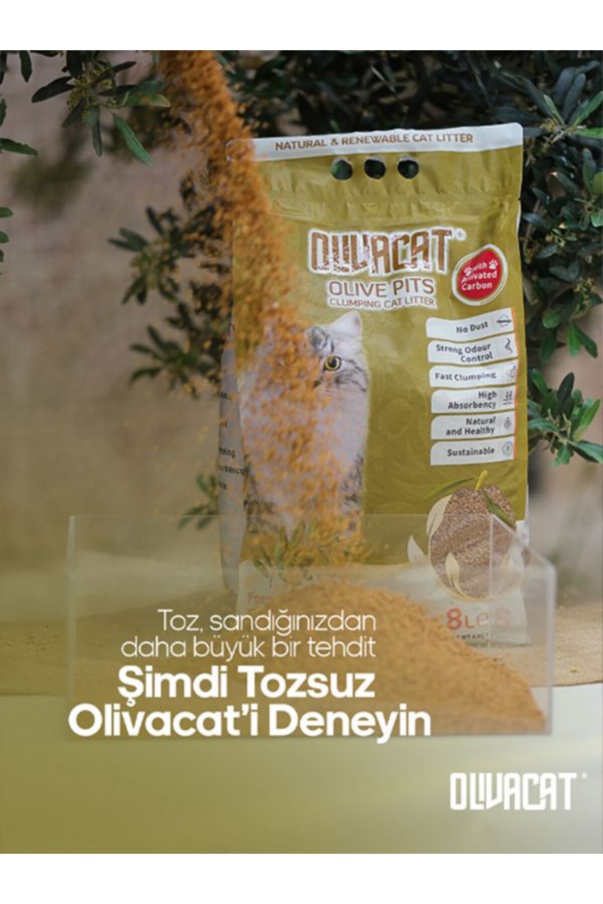 Olivacat Zeytin Çekirdeğinden Üretilen Aktif Karbonlu Tozsuz Doğal Kedi Kumu 8 L x 3 Adet - Görsel 3