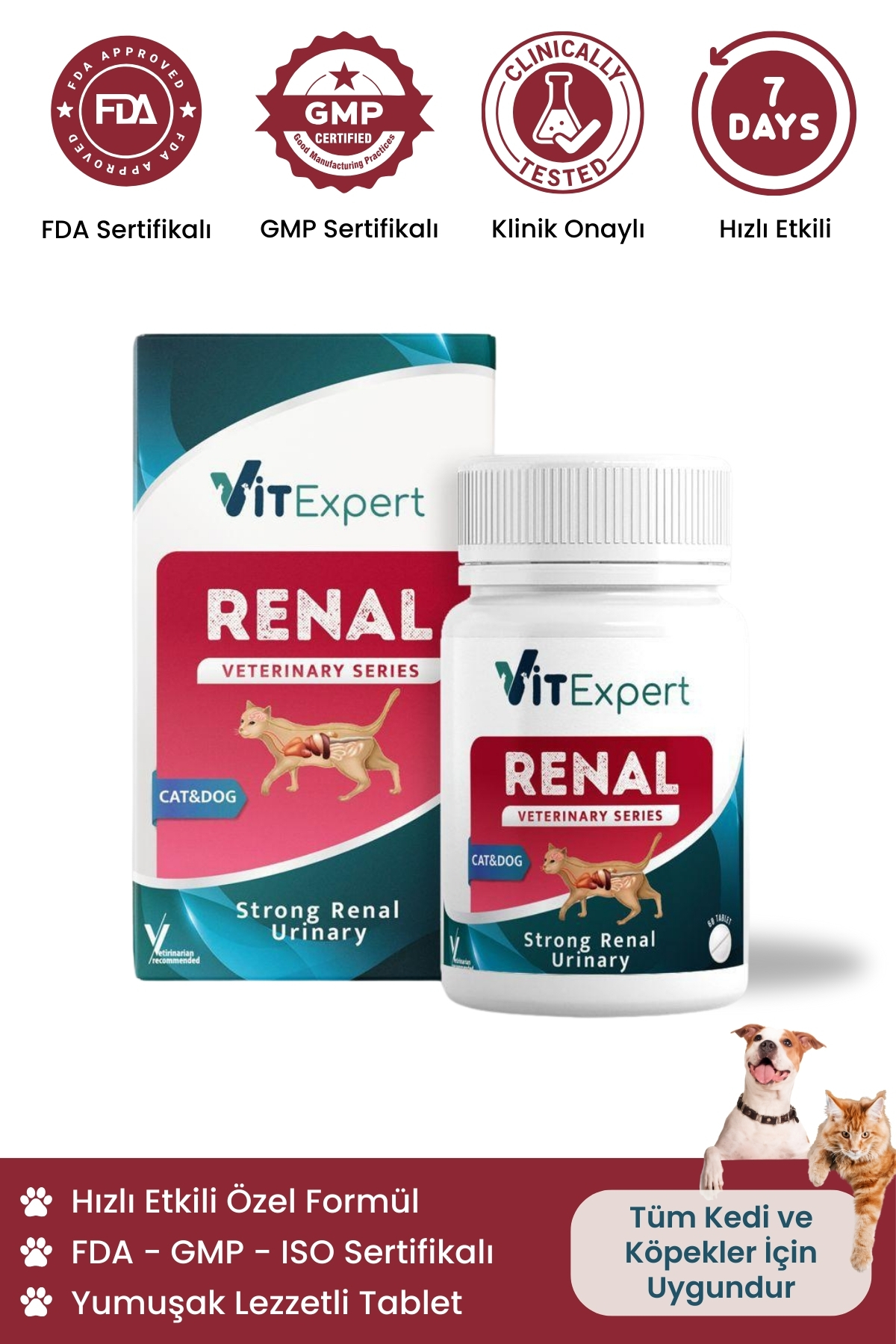 Vitexpert Kedi ve Köpek İçin Üriner Sistem ve Böbrek Destekleyici Strong Renal Urinary Tablet ( 60 Tablet )