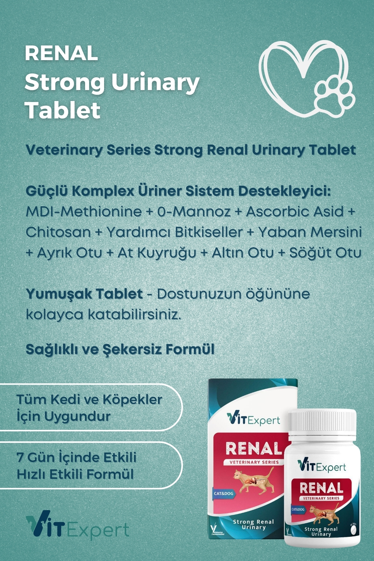Vitexpert Kedi ve Köpek İçin Üriner Sistem ve Böbrek Destekleyici Strong Renal Urinary Tablet ( 60 Tablet ) - Görsel 2