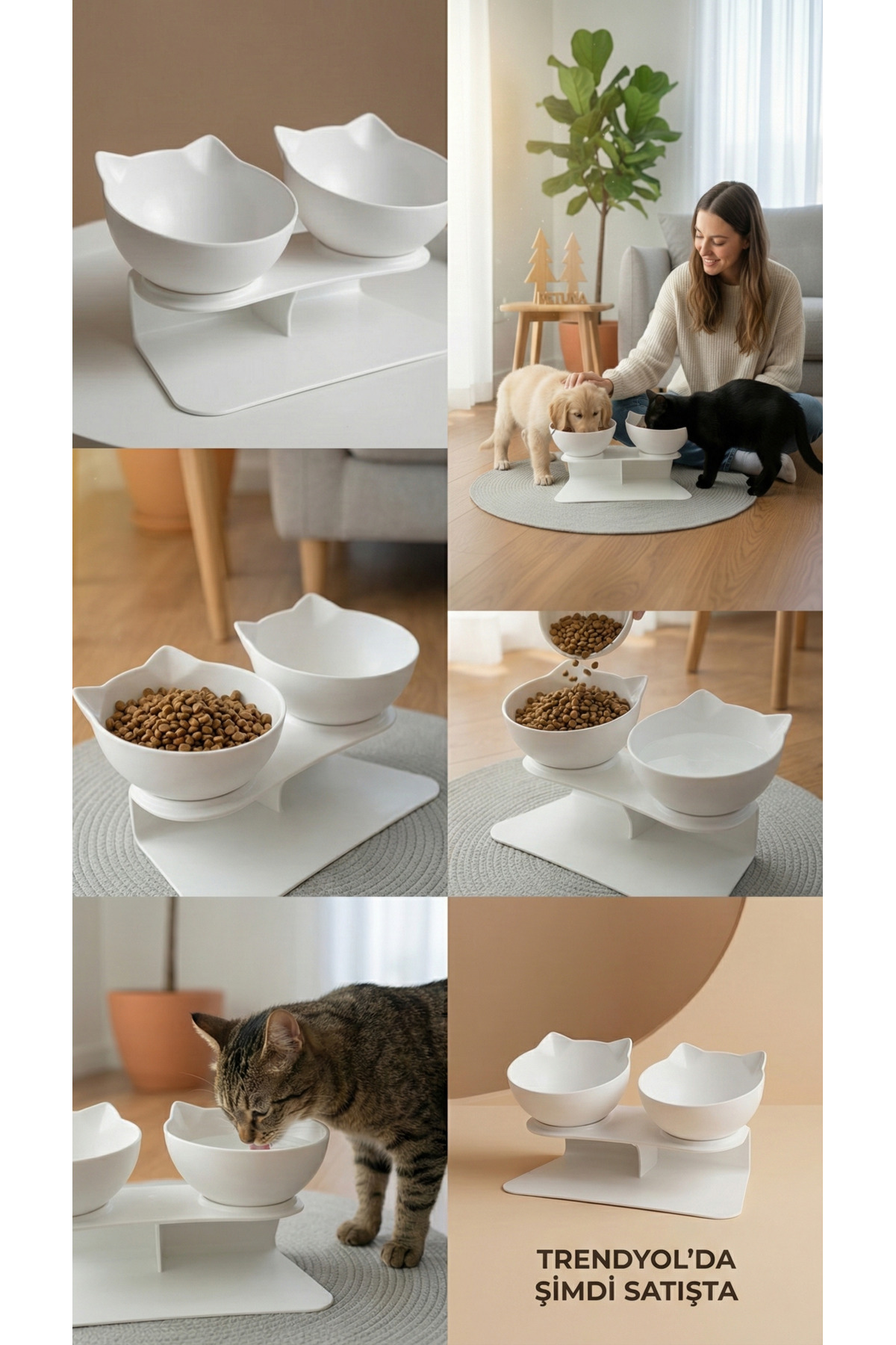 Genel Markalar İki Hazneli Kedi Kafalı Beyaz Standlı Kedi Mama ve Su Kabı 350 ML - Görsel 2