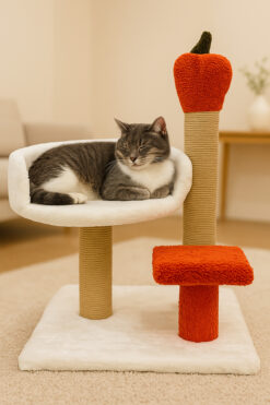 Komano Pontika 🍎 Şık ve Eğlenceli! Havuç Detaylı Peluş Kedi Tırmalama ve Dinlenme Tahtası – Kompakt ve Konforlu 🐾