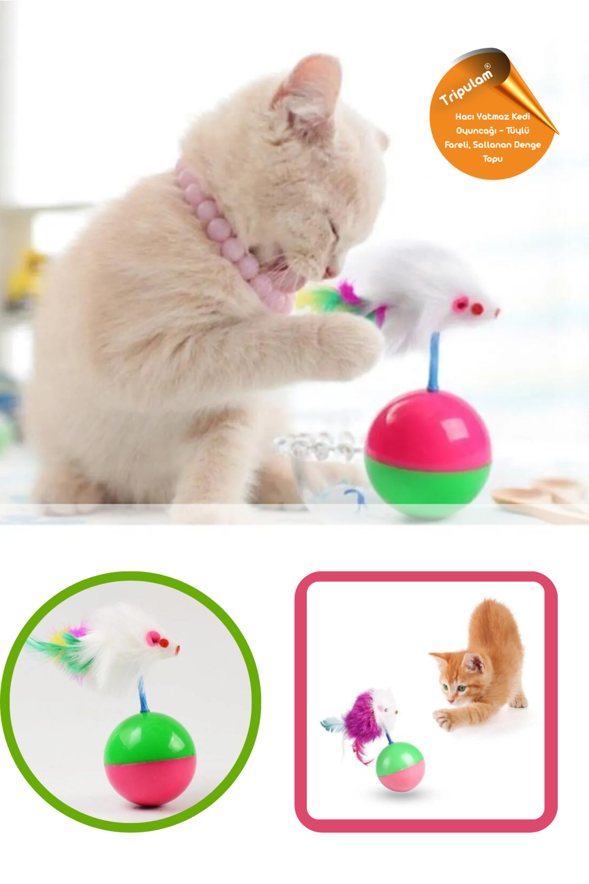 TRİPULAM Hacı Yatmaz Kedi Oyuncağı – Tüylü Fareli, Sallanan Denge Topu