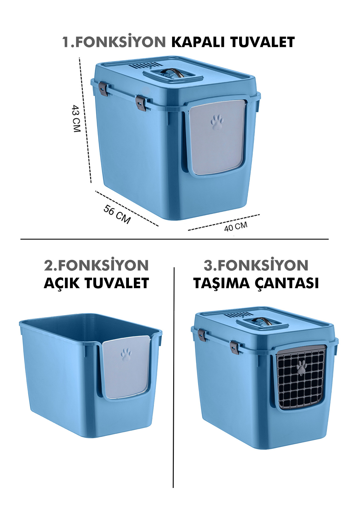 SENNEDİLERSEN PetGrow XXL 3 Fonksiyonlu Premium Kapalı Kedi Tuvaleti ve Taşıma Çantası 56 x 40 x 43 Cm