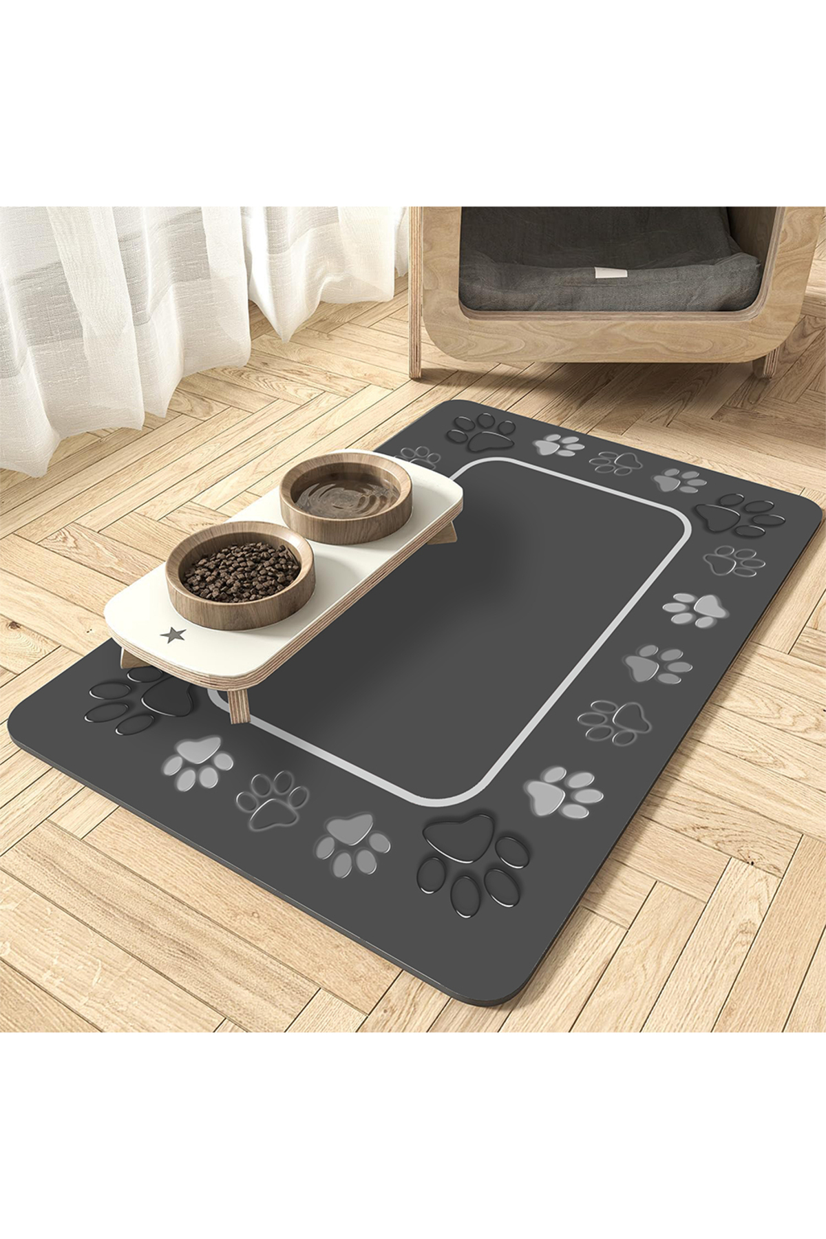 AsMat Paw Evcil Hayvan Besleme Matı Pati Figürlü Kaymaz KolayTemizlenir Su İtici Kedi Köpek Mama Mat/Paspası