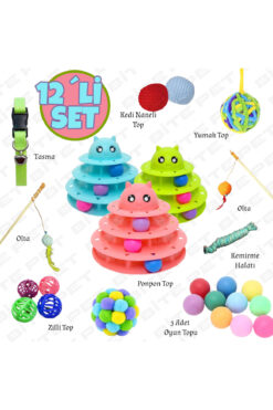 bite pet 11 1 Kedi Oyuncaklıtu Seti:3 Katlı Oyuncak 60 Cm Olta Ponpon Top Kedi Naneli Top