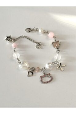 sleyshop Pembe Taşlı Hello Kitty Pembe Kuvars Aytaşı El Yapımı Boncuk Bileklik