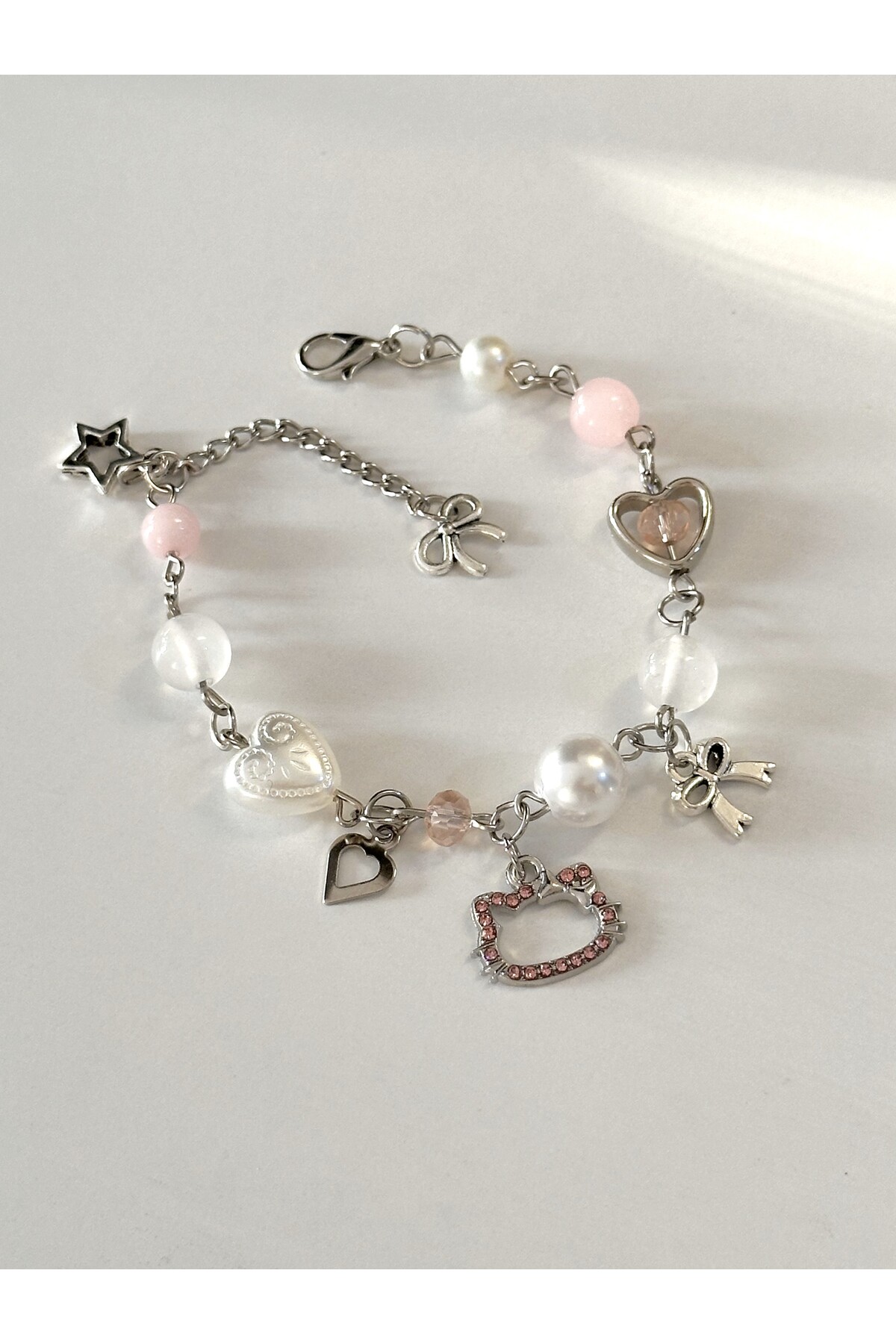 sleyshop Pembe Taşlı Hello Kitty Pembe Kuvars Aytaşı El Yapımı Boncuk Bileklik