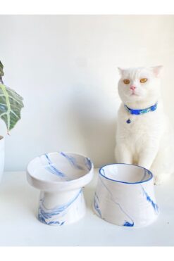 stilinbu Seramik Kedi Ve Köpek Mama Su Kabı (MAVİ BEYAZ & COLORFUL MOON MAVİ ÇİZGİLİ - EBRU DESEN- 2'Lİ)
