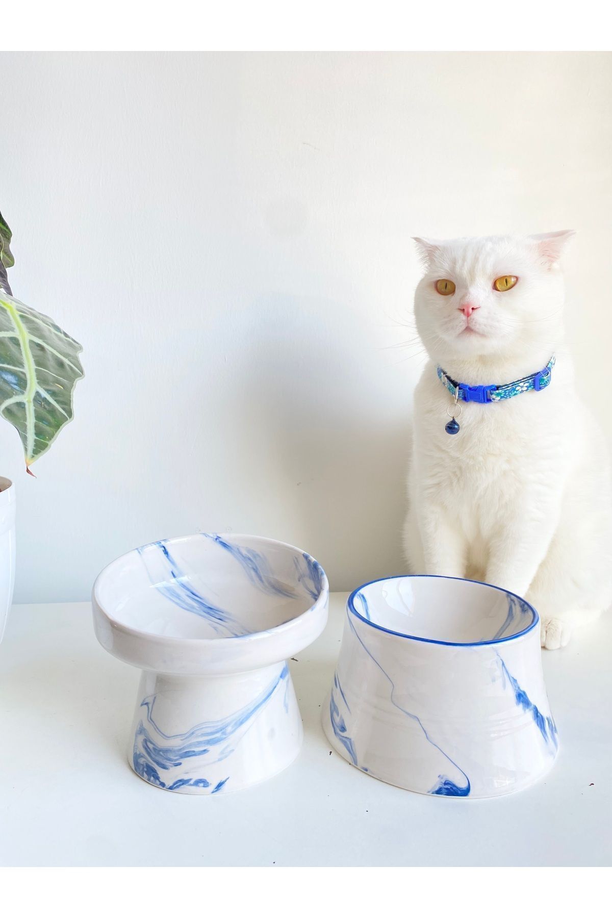 stilinbu Seramik Kedi Ve Köpek Mama Su Kabı (MAVİ BEYAZ & COLORFUL MOON MAVİ ÇİZGİLİ - EBRU DESEN- 2'Lİ)