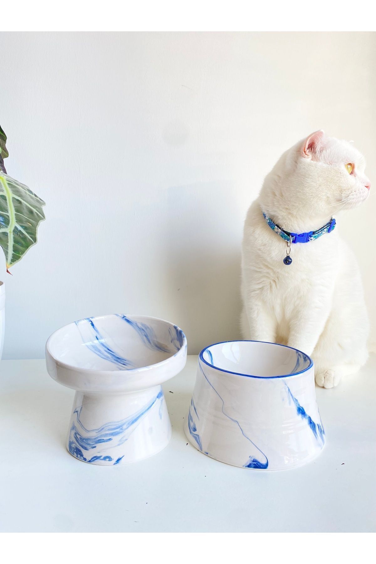 stilinbu Seramik Kedi Ve Köpek Mama Su Kabı (MAVİ BEYAZ & COLORFUL MOON MAVİ ÇİZGİLİ - EBRU DESEN- 2'Lİ) - Görsel 2