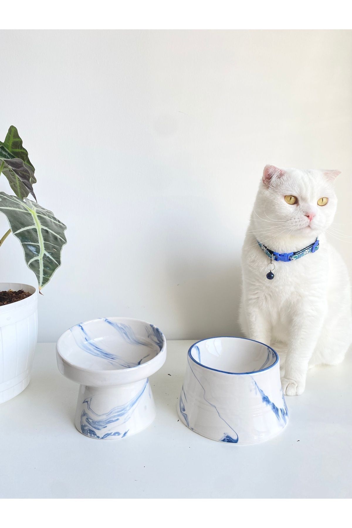 stilinbu Seramik Kedi Ve Köpek Mama Su Kabı (MAVİ BEYAZ & COLORFUL MOON MAVİ ÇİZGİLİ - EBRU DESEN- 2'Lİ) - Görsel 3