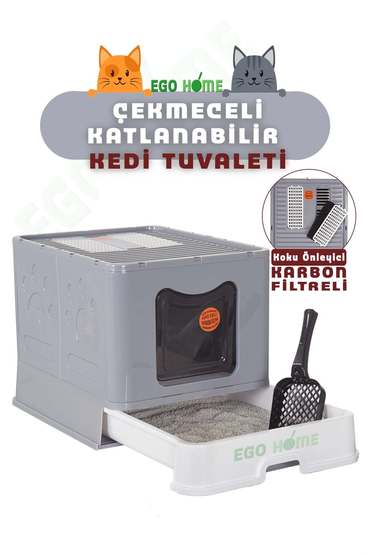 ego home Xxl Kapalı Çekmeceli Kedi Tuvaleti Yeni Nesil Katlanabilir Çekmeceli Kedi Tuvaleti - Görsel 2