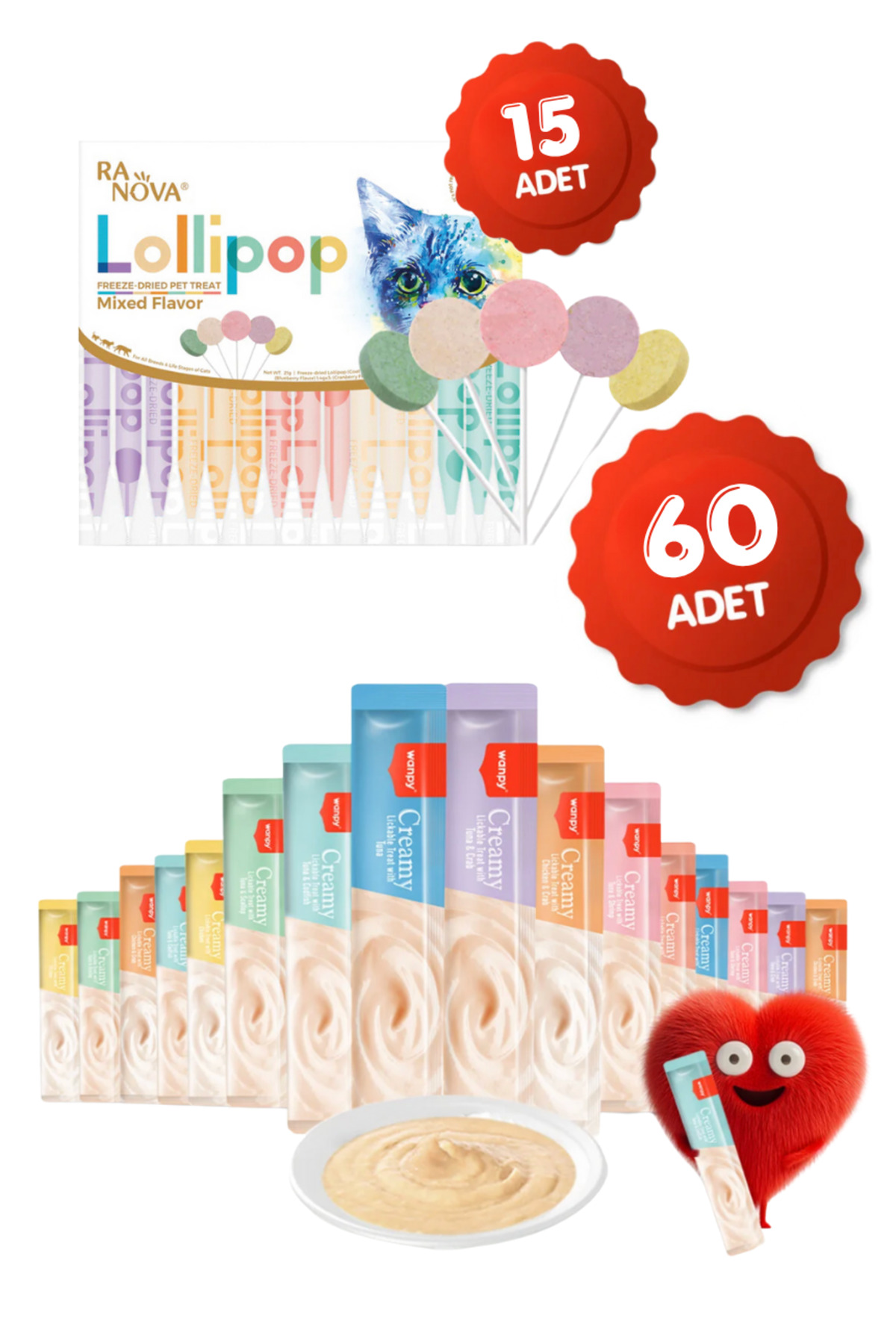 Wanpy Krema Kedi Ödül Maması 60 Adet 14gr 15li Karışık Lezzet Lolipop Kedi Ödülü Hediyeli
