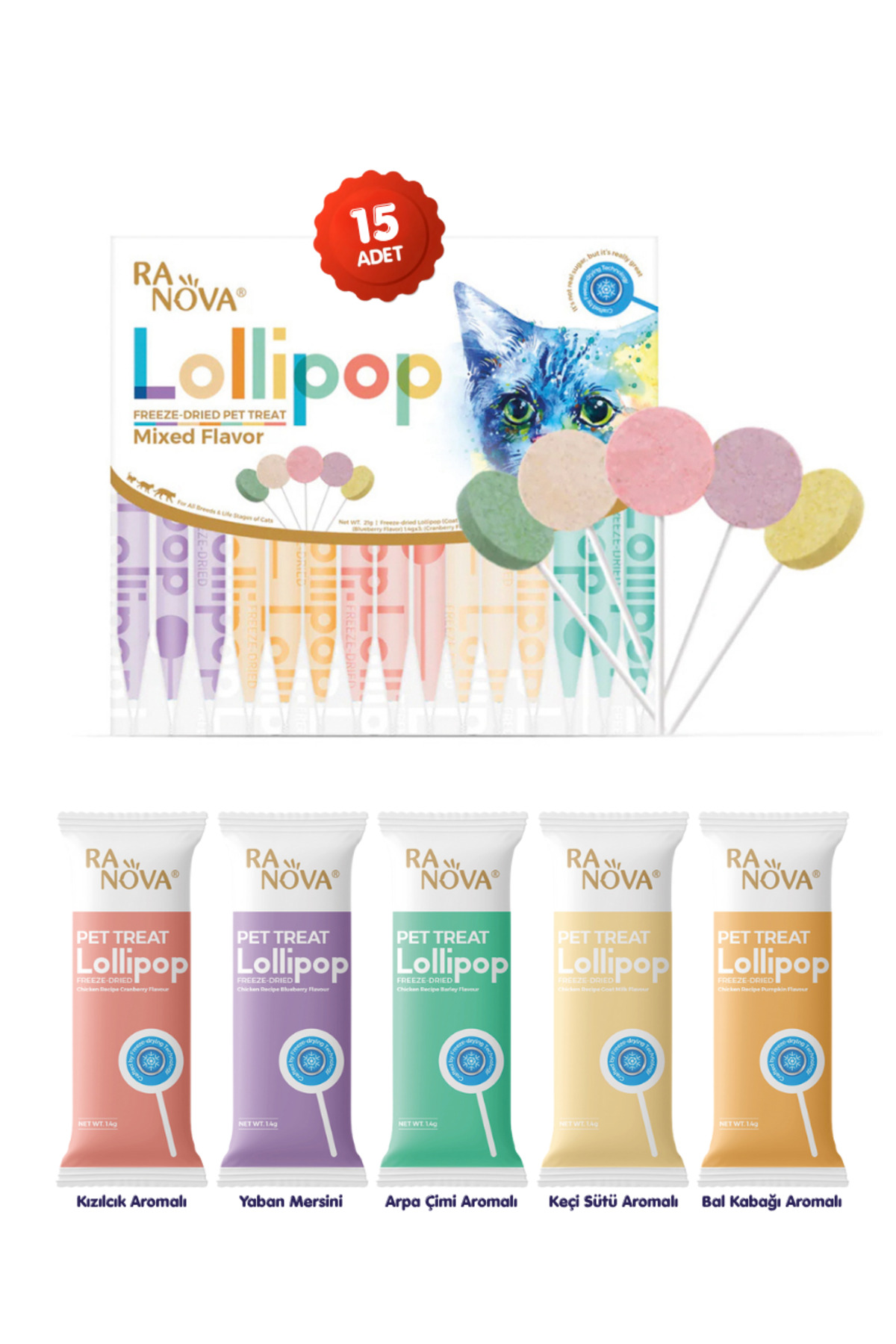 Wanpy Krema Kedi Ödül Maması 60 Adet 14gr 15li Karışık Lezzet Lolipop Kedi Ödülü Hediyeli - Görsel 2