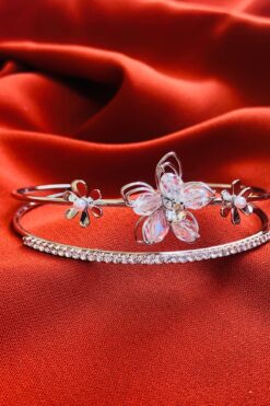 Bonicce Çiçekli Zirkon Taşlı Su Yolu 2li Kadın Çelik Kelepçe Bileklik Paslanmaz