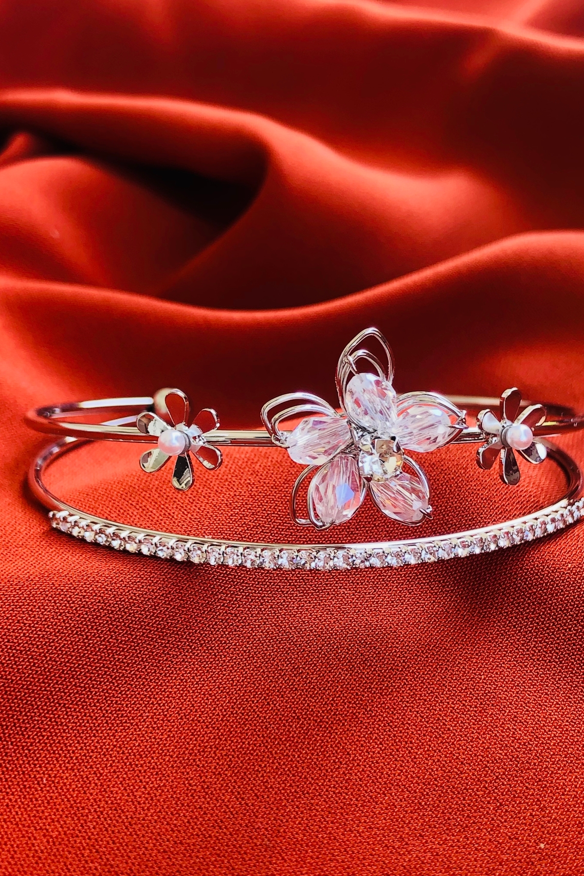 Bonicce Çiçekli Zirkon Taşlı Su Yolu 2li Kadın Çelik Kelepçe Bileklik Paslanmaz