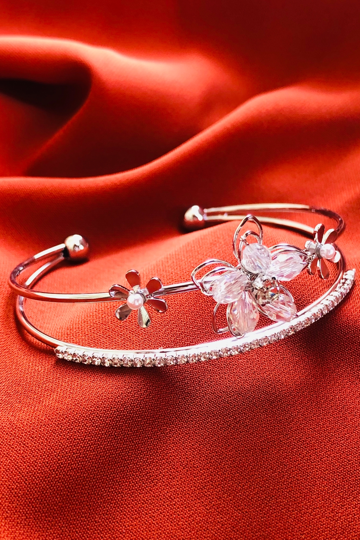 Bonicce Çiçekli Zirkon Taşlı Su Yolu 2li Kadın Çelik Kelepçe Bileklik Paslanmaz - Görsel 2