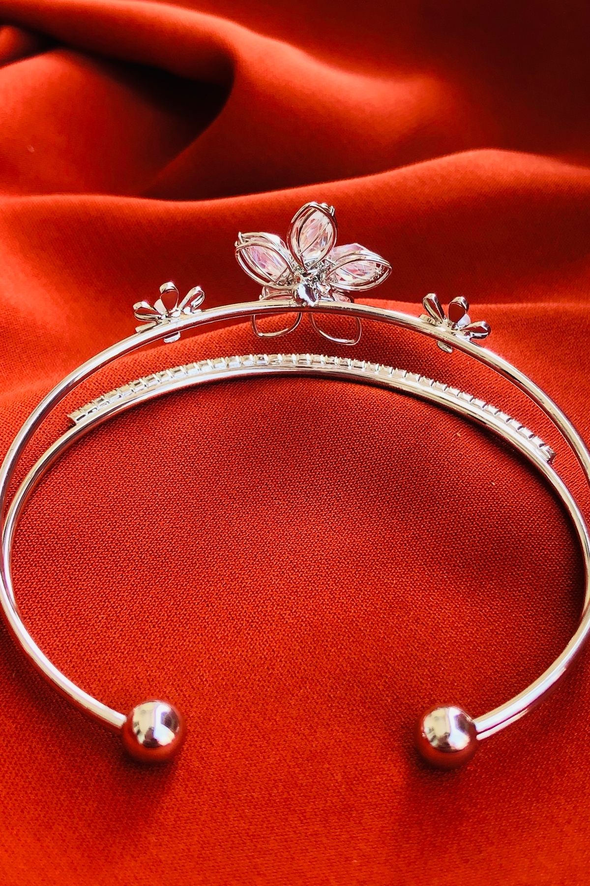 Bonicce Çiçekli Zirkon Taşlı Su Yolu 2li Kadın Çelik Kelepçe Bileklik Paslanmaz - Görsel 3