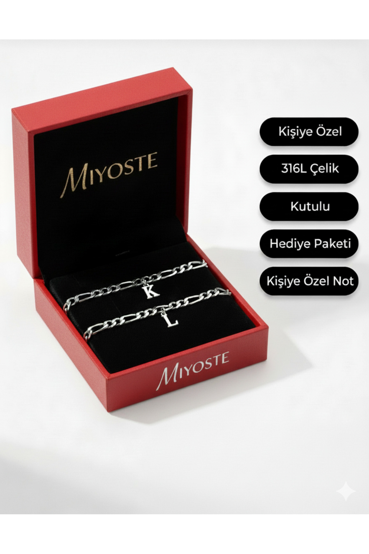 Miyoste 2'li Kararmaz Çelik İkili Zincir Harfli Sevgili/çift Bilekliği Bileklik Harf