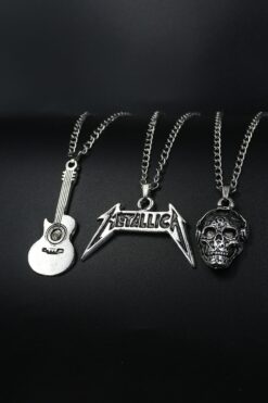 Dukkanka 3'lü Klasik Gitar, Metallica Ve Müzik Dinleyen Kurukafa Gümüş Renk Kolye Seti