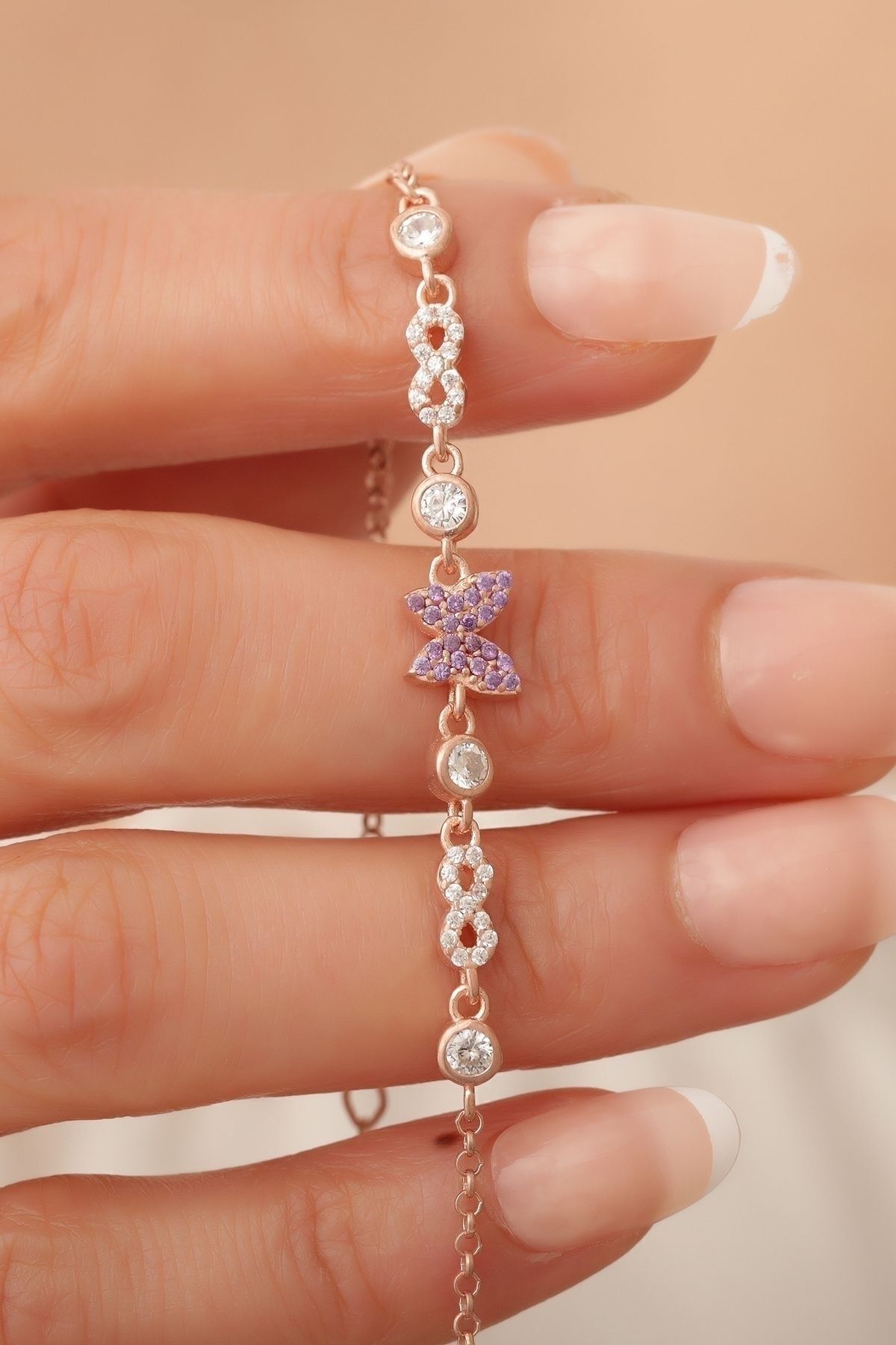 passion silver Kelebek Ve Sonsuzluk Figürlü 14 Ayar Rose Altın Kaplama Kadın Bileklik
