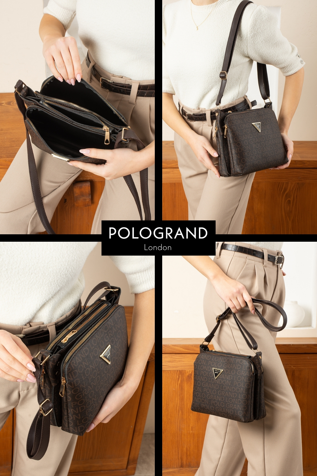 POLOGRAND London Orijinal Kadın 3 Bölmeli Lüks Yumuşak Deri Özel Model Ayarlanabilir Çapraz Askılı Şık Omuz Çantası - Görsel 2