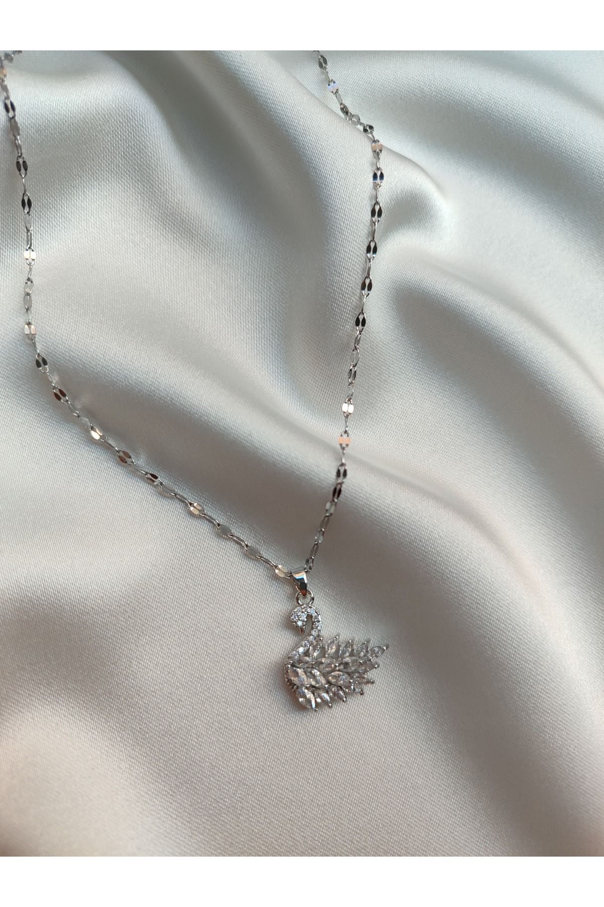 stainles steel Çelik Taşlı Kuğu Kolye - Görsel 2