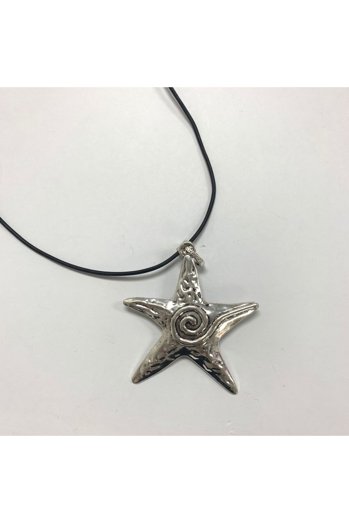 LAİKA Antik Gümüş Kaplama Deri İpli Spiral Yıldız Kolye 60 CM