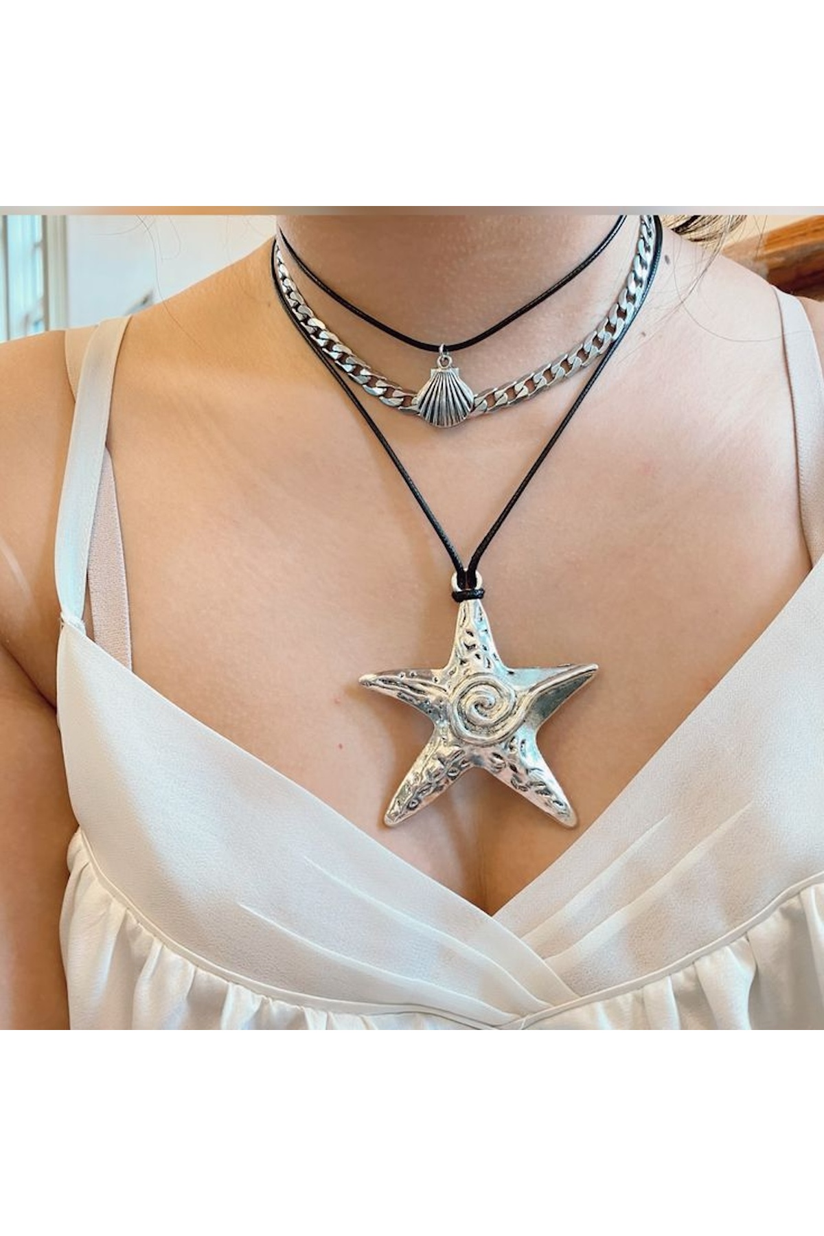 LAİKA Antik Gümüş Kaplama Deri İpli Spiral Yıldız Kolye 60 CM - Görsel 2