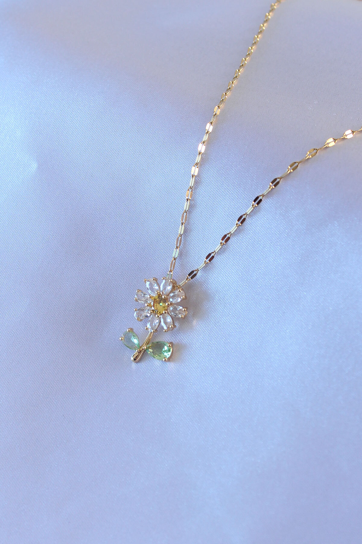 ANGELSS JEWELLERY 316L Çelik Gold Renk Zirkon Taşlı Papatya Model Kadın Kolye - Görsel 2