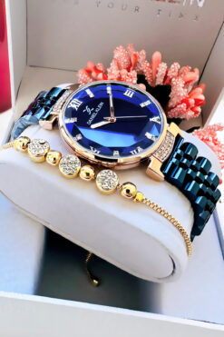 Daniel Klein Orijinal Kadın Kol Saati, Kesme Cam Su Geçirmez Lacivert Çelik Kordon - Bileklik Hediye DKBY2050C1