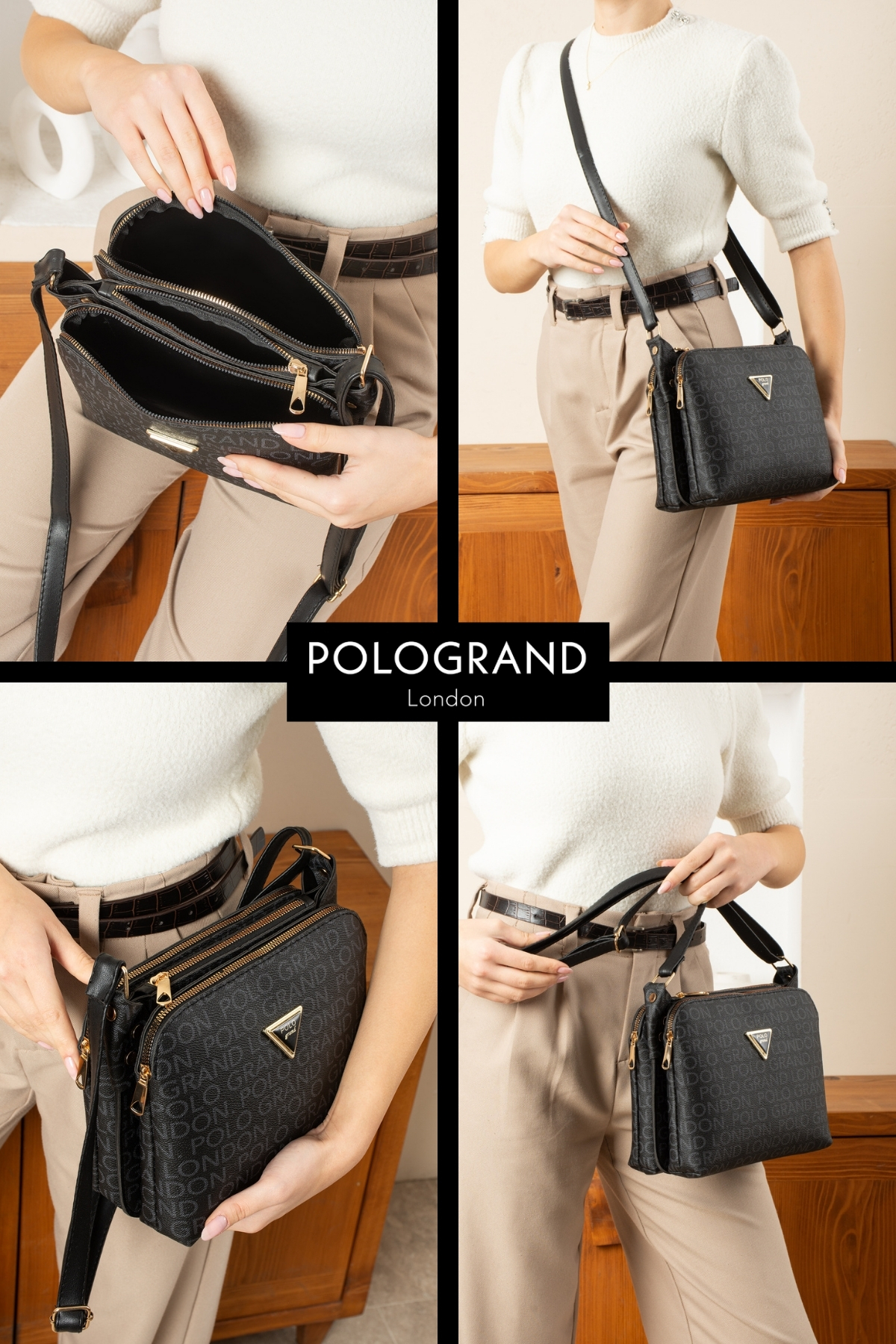 POLOGRAND London Orijinal Kadın 3 Bölmeli Lüks Yumuşak Deri Özel Model Ayarlanabilir Çapraz Askılı Şık Omuz Çantası - Görsel 2