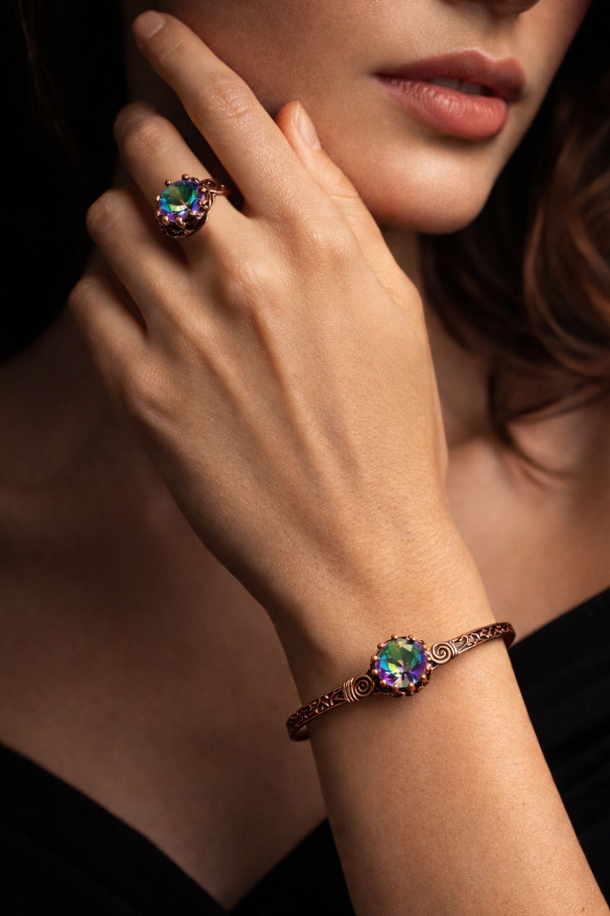 İyyaKee Kadın Bakır Bileklik Yüzük Set Mistik Topaz Taşlı Kelepçe Bilezik - Görsel 2