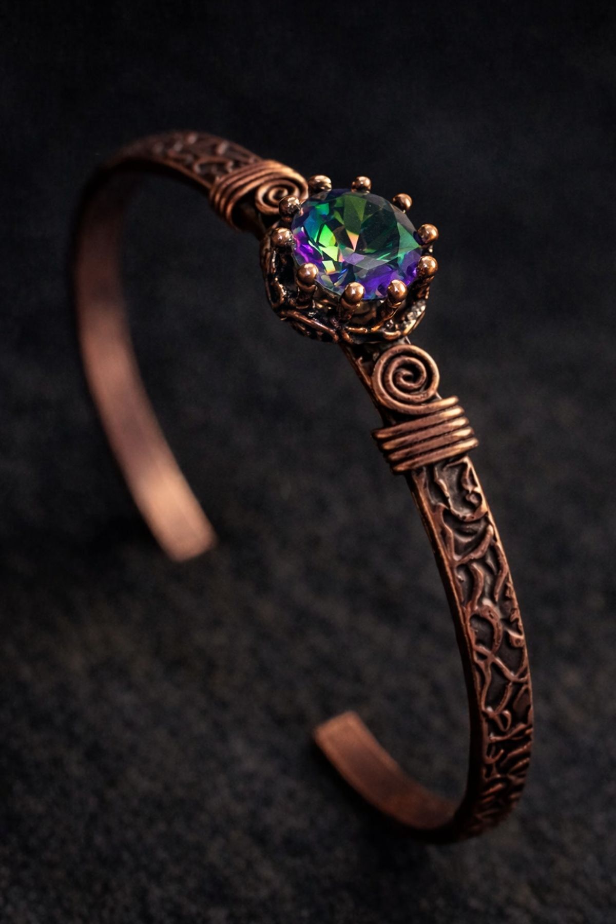 İyyaKee Kadın Bakır Bileklik Yüzük Set Mistik Topaz Taşlı Kelepçe Bilezik - Görsel 3