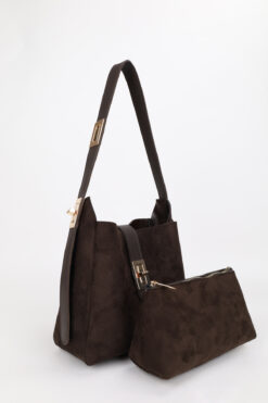 NOTHING Kadın Süet Acı Kahve Gold Kilit Detay Aksesuarlı  Ayarlanabilir Kilit Askılı El Kol Ve Omuz Çanta