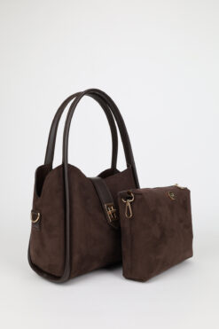 NOTHING Kadın Süet Kahve Kilit Detaylı Üç Bölmeli Çıkarılabilir Makyaj Çantalı El Ve Omuz Çantası Lemina