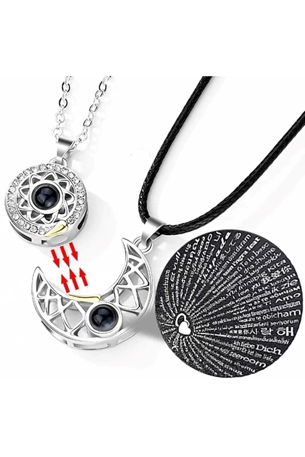 GLANZEND 2'li 100 Dilde Seni Seviyorum Mıknatıslı Ay Ve Güneş Sevgili Çift Kolyesi Sevgili Kolyesi