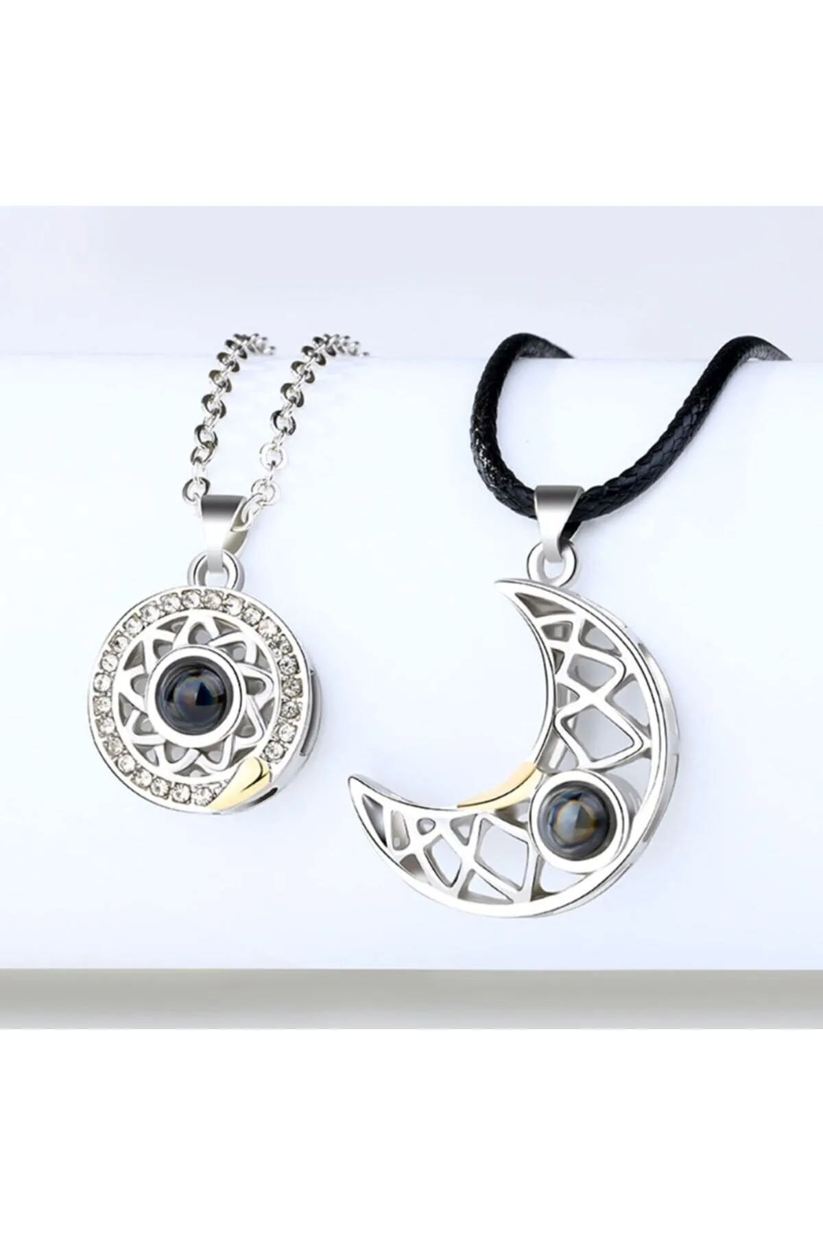 GLANZEND 2'li 100 Dilde Seni Seviyorum Mıknatıslı Ay Ve Güneş Sevgili Çift Kolyesi Sevgili Kolyesi - Görsel 2