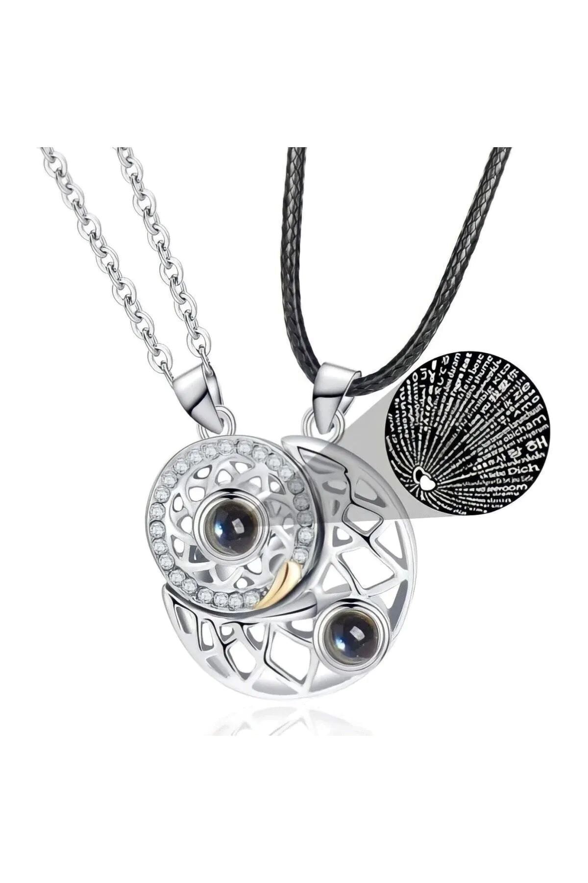 GLANZEND 2'li 100 Dilde Seni Seviyorum Mıknatıslı Ay Ve Güneş Sevgili Çift Kolyesi Sevgili Kolyesi - Görsel 3