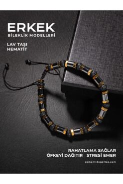 OSMANLI DOĞAL TAŞ Sertifikalı Hematit Lav Taşlı Makrome Erkek Bilekliği ( Sevgililer günü için )