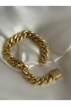 shop 14 Ayar Altın Kaplama Paslanmaz Çelik Gold Renk Vıp Model Zirkon Taşlı Gurmet Kadın Bileklik