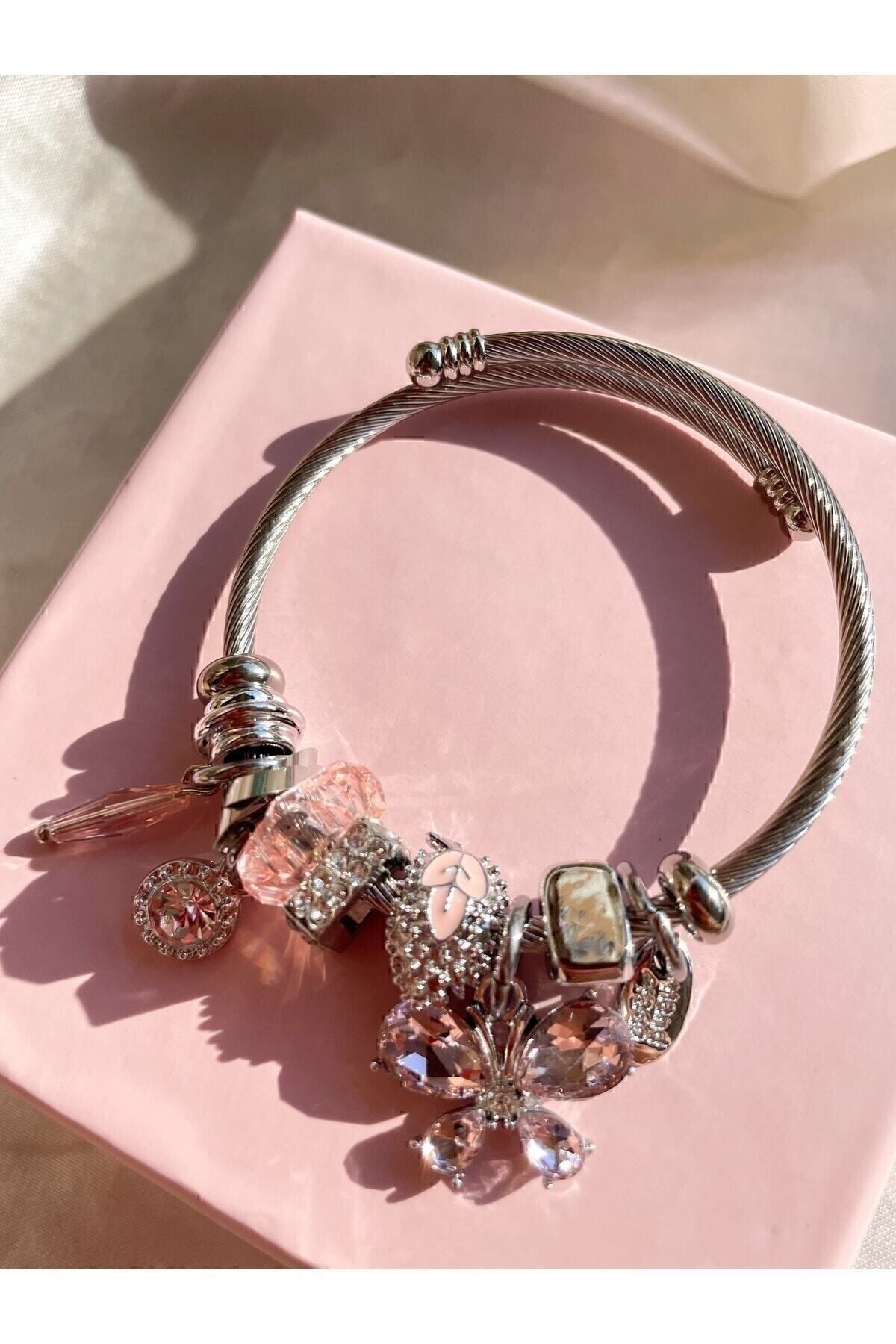 ARYA DESİGN KELEBEK PEMBE CHARMLI ÇELİK BİLEKLİK - Görsel 2