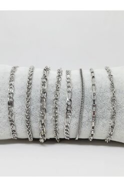 Kusakli 8'li Gümüş Renk Zincir Bileklik Seti