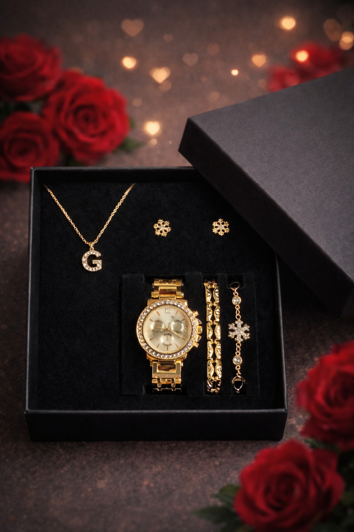 Arzu Butik kişiye özel kadın kol saati, saat bileklik kolye küpe hediye seti ( G ) harfi