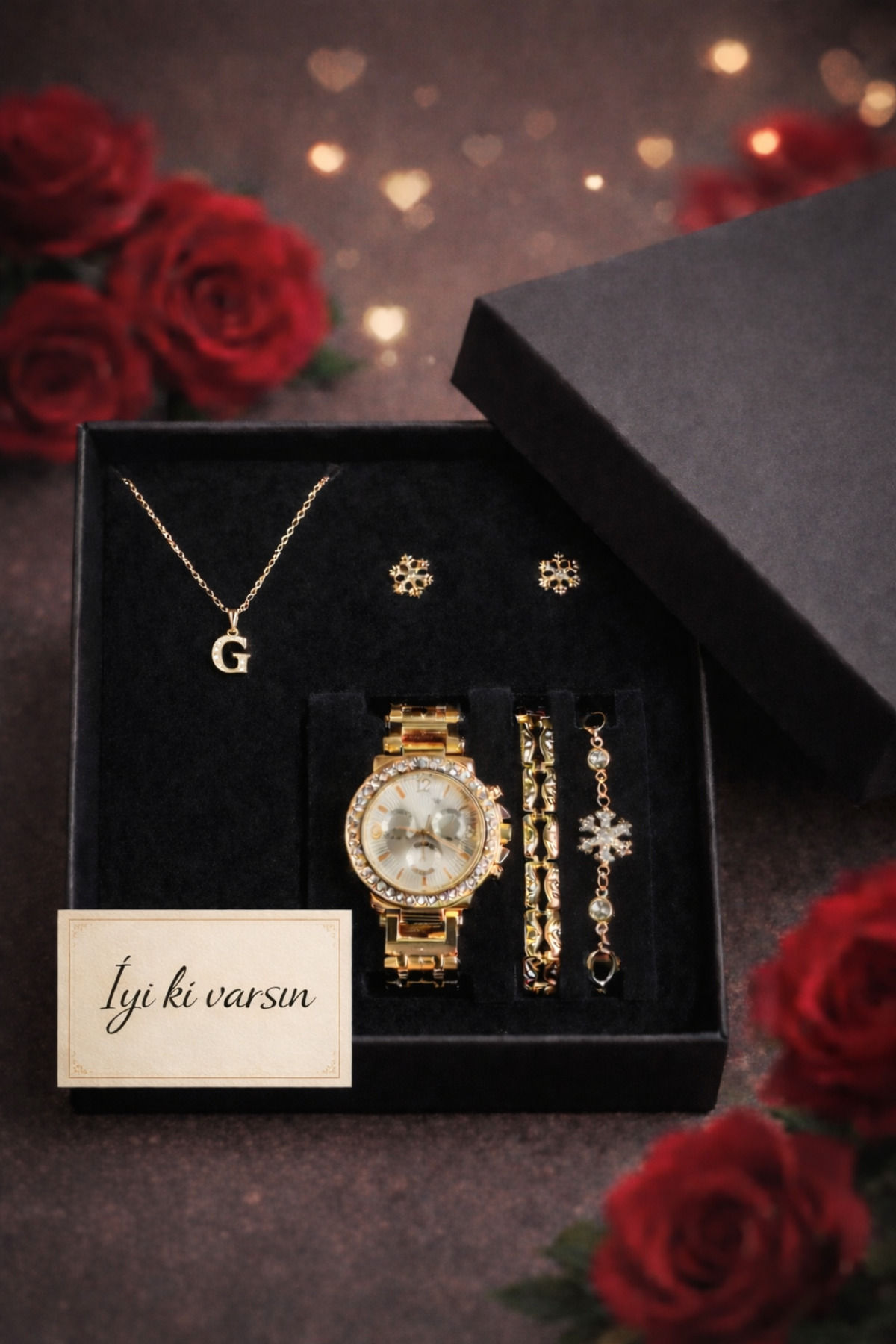 Arzu Butik kişiye özel kadın kol saati, saat bileklik kolye küpe hediye seti ( G ) harfi - Görsel 2