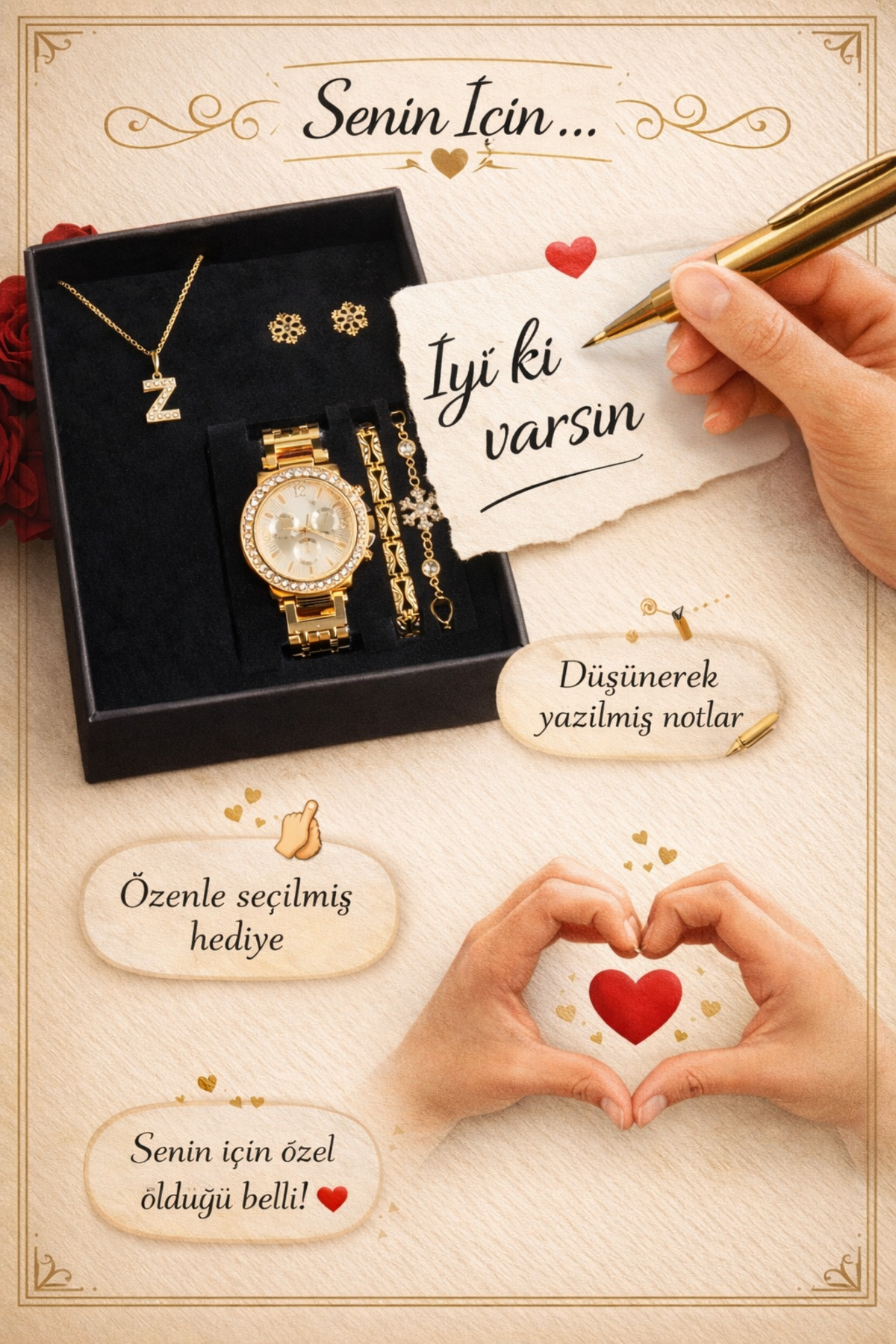 Arzu Butik kişiye özel kadın kol saati, saat bileklik kolye küpe hediye seti ( G ) harfi - Görsel 3