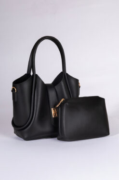 macsoo Kadın Siyah Kilit Detaylı 2'li Set El Omuz çantası ve Makyaj çantası