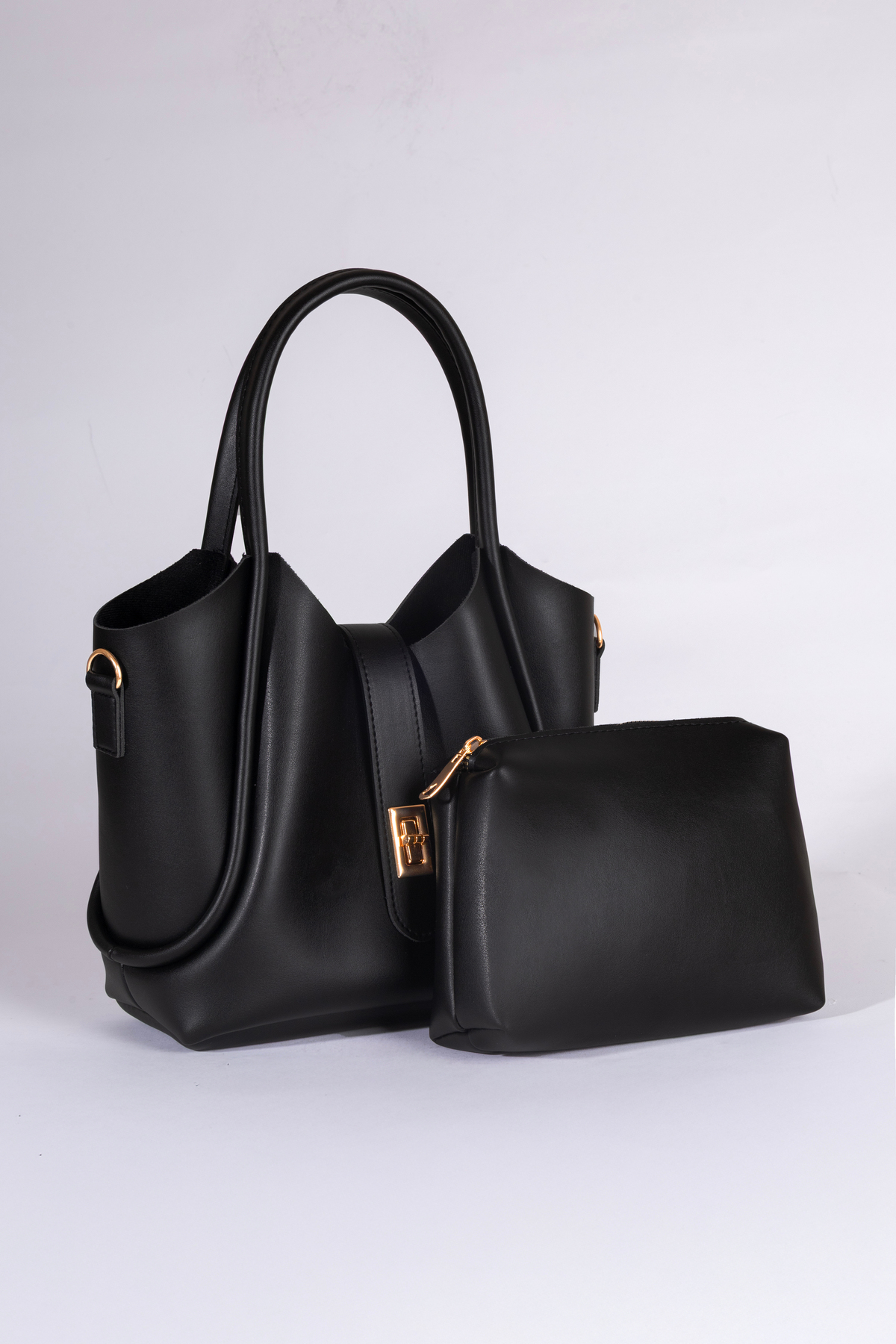 macsoo Kadın Siyah Kilit Detaylı 2'li Set El Omuz çantası ve Makyaj çantası